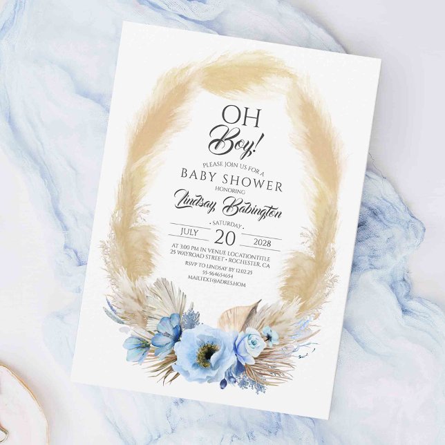 Convites Chá de fraldas De Flores Azuis Pampas Grass Dusty  (Elegant Boho Blue Baby Shower Invitations)