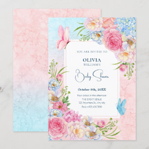 Convites Chá de fraldas de flores cor-de-água rosa-azul