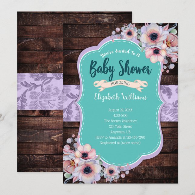 Convites Chá de fraldas de Flores de Aquarela de Madeira Ro (Frente/Verso)