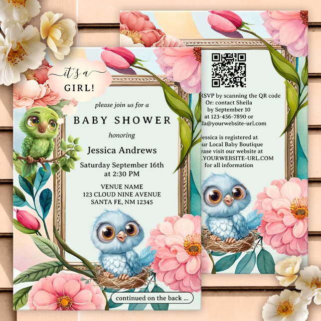 Convites Chá de fraldas de flores de aquarelas de aves de p (Cute girly baby shower invitation featuring a pastel watercolor illustration of flowers and birds)