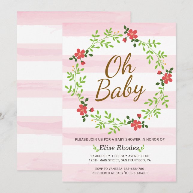 Convites Chá de fraldas de flores de faixa rosa desenhada à (Frente/Verso)