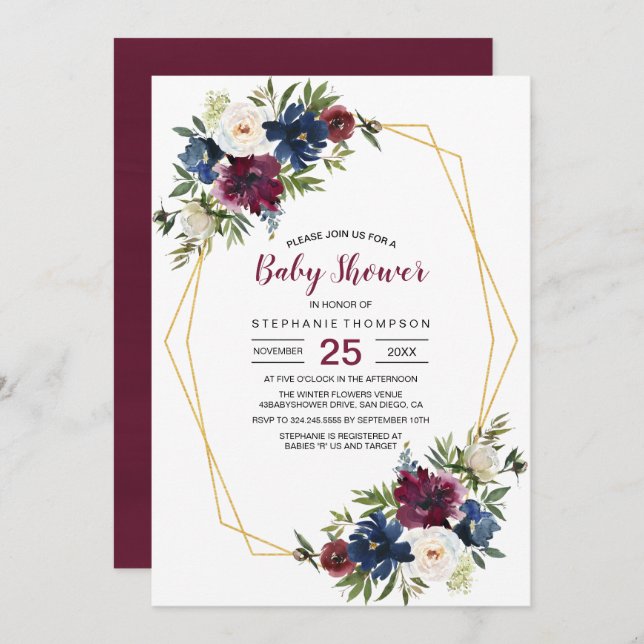 Convites Chá de fraldas de Flores de Marinho da Borgonha Ge (Frente/Verso)