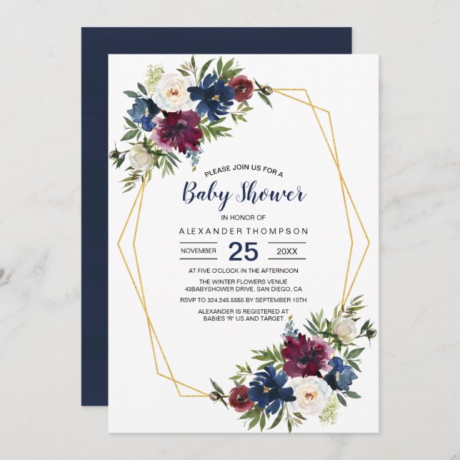 Convites Chá de fraldas de Flores de Marinho da Borgonha Ge (Frente/Verso)