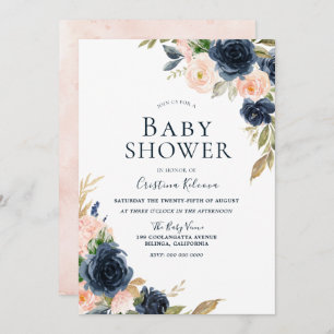 Convites Chá de fraldas de Flores de Pêssego e Marinho