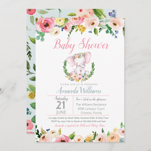 Convites Chá de fraldas de Flores de Verão Primavera de Peq (Frente/Verso)