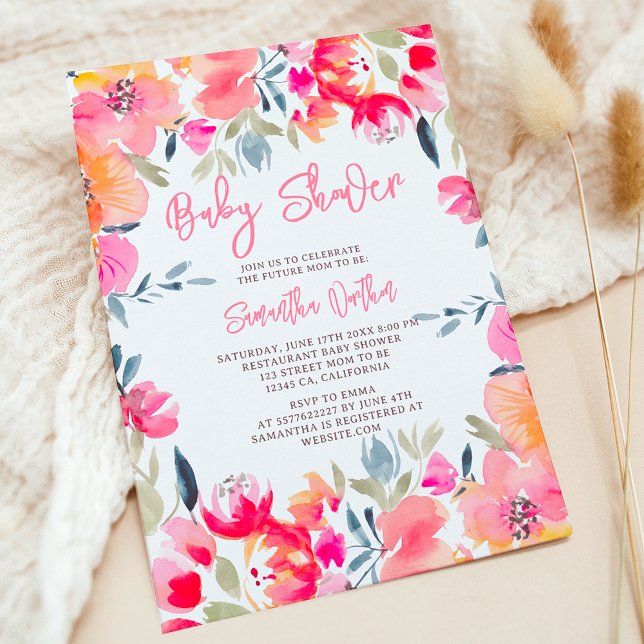 Convites Chá de fraldas de flores rosa-d'água boêmicas (Bohemian pink watercolor flowers baby shower invitation)