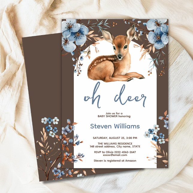 Convites Chá de fraldas de flores rústicas da floresta de v (Oh deer rustic blue florals with cute forest deer baby shower invitation, gender neutral, woodland )