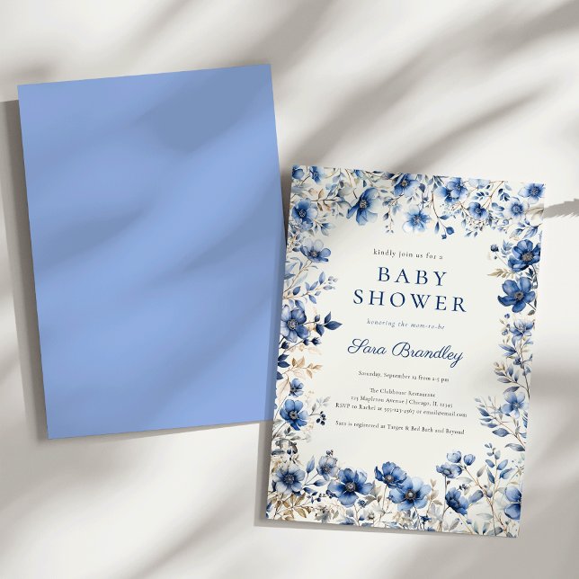 Convites Chá de fraldas de Flores Selvagens Azuis e Negras (Boho Dark and dusty blue crisp white wildflowers Baby shower Invitation)