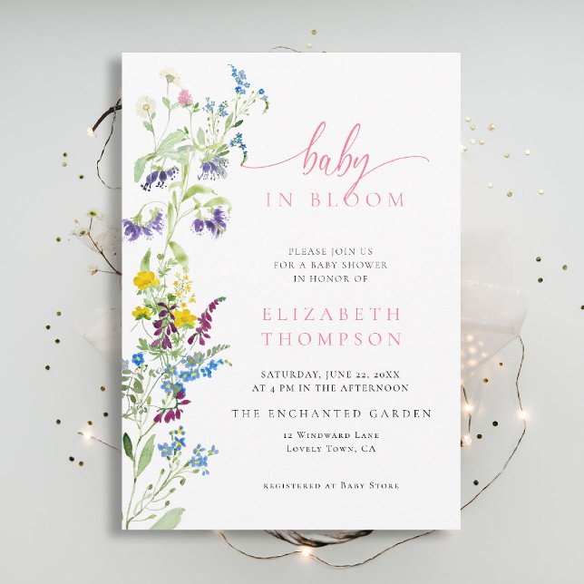 Convites Chá de fraldas de Flores Selvagens Bloqueadas Rosa (wildflowers baby shower invitation in bloom elegant pink garden party watercolor modern calligraphy)