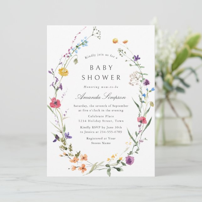 Convites Chá de fraldas de Flores Selvagens de Aquarela Ele (Em pé/Frente)