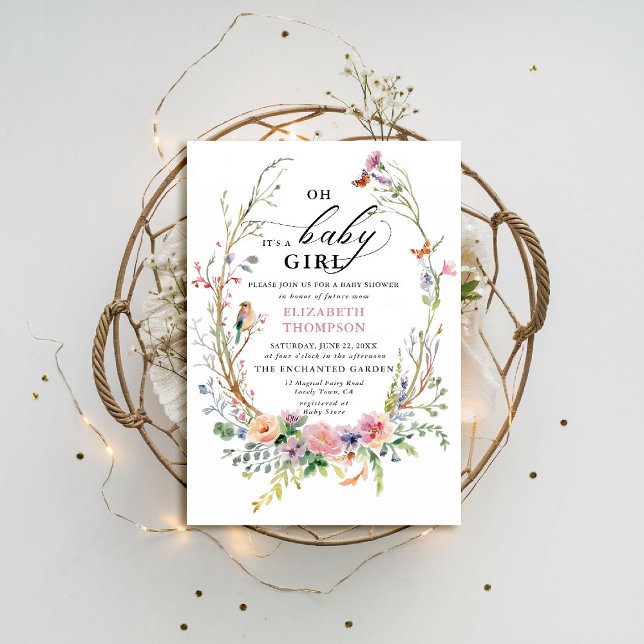 Convites Chá de fraldas de flores silvestres de jardim enta (enchanted garden baby shower invitation woodland forest bird butterfly spring summer whimsical chic)