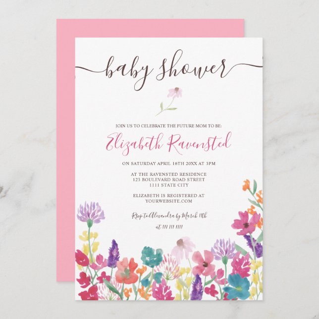 Convites Chá de fraldas de flores silvestres secas, prensad (Frente/Verso)