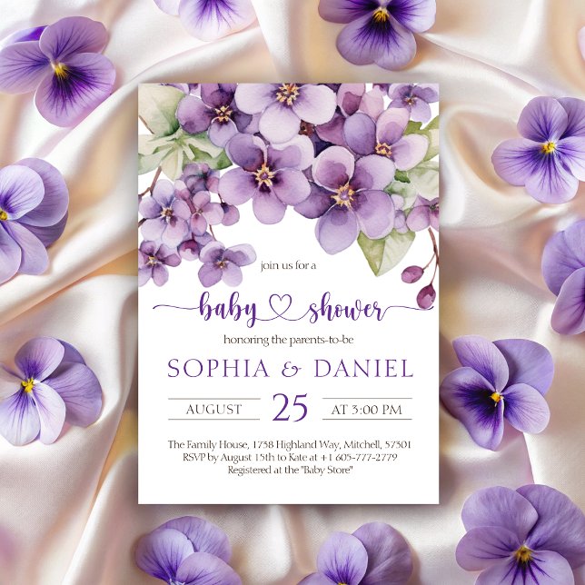 Convites Chá de fraldas de Flores Violetas Roxas de Verão (Summer Purple Violet Flowers Baby Shower Invitation)
