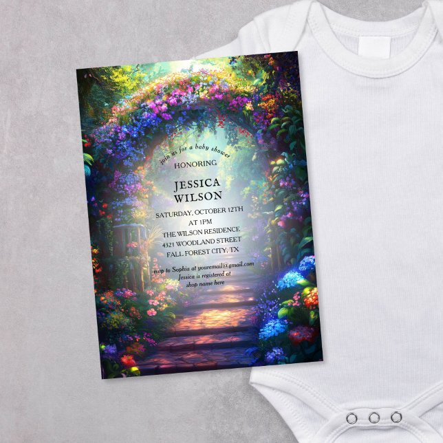 Convites Chá de fraldas de Floresta Encantada de Leite de V (colorful enchanted garden with floral arch baby shower invitation)