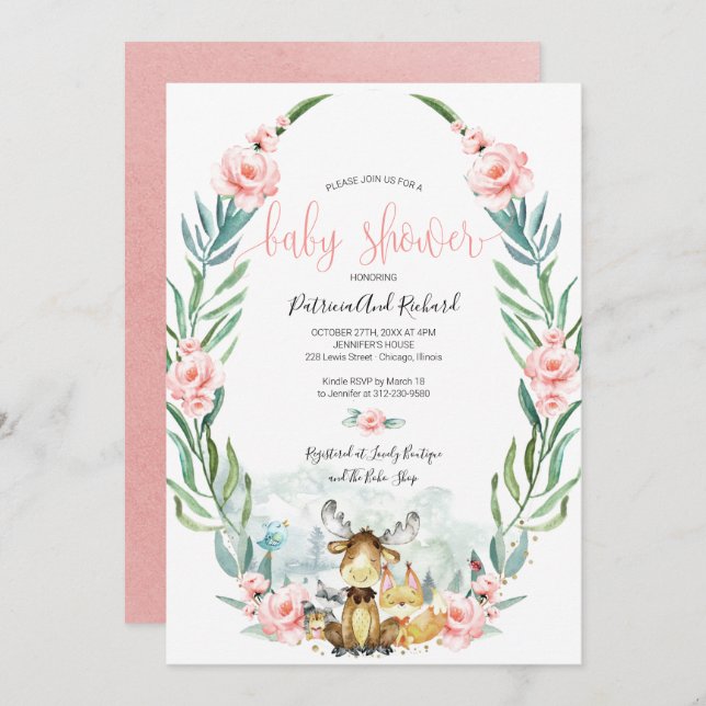 Convites Chá de fraldas de Floresta Floral Adorável (Frente/Verso)