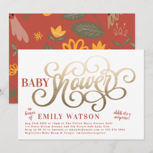 Convites Chá de fraldas De Folha De Ouro, Rústico Branco