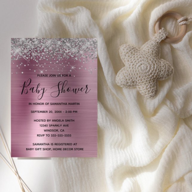 Convites Chá de fraldas de folha de prata e folha de alumín (Faux Silver Glitter and Pink Foil Baby Shower Invite)