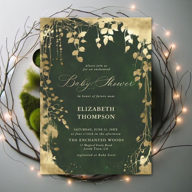 Convites Chá de fraldas de Folha de Quadro Dourado de Flore (Enchanted Forest Hunter Green Greenery Frame Modern Calligraphy Neutral Baby Shower Invitation)