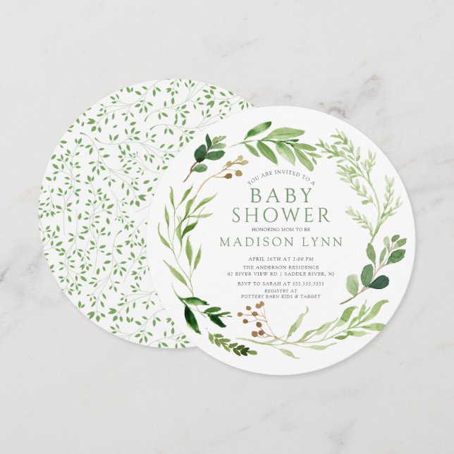 Convites Chá de fraldas de Folha Verde Botânica (Frente/Verso)