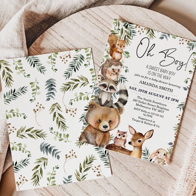 Convites Chá de fraldas de Folhagem Brown Oh Boy Woodland (Sweet woodland themed boy's baby shower invitation featuring seven cute animals and some greenery.)