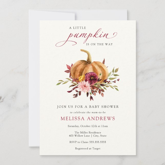 Convites Chá de fraldas de Folhagem da Autumn Pumpkin Burgu (Frente)