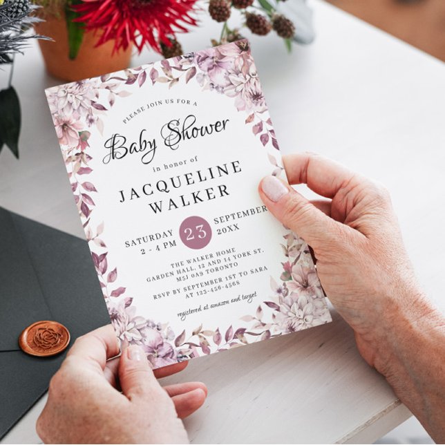 Convites Chá de fraldas de Folhagem das Flores Roxas do Out (Criador carregado)