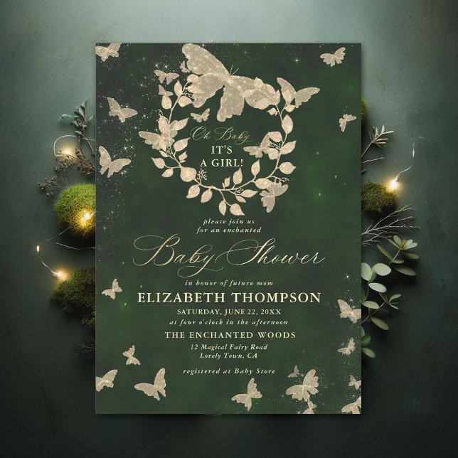 Convites Chá de fraldas de Folhagem de Borboletas Florestai (Enchanted Forest Hunter Green Greenery Butterflies Modern Calligraphy Baby Shower Invitation)