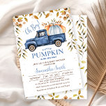 Convites Chá de fraldas de Folhagem de Caminhão de Pumpkin<br><div class="desc">Blue Orange Pumpkin Truck Foliage Chá de fraldas Invitation Boy's outono foliage bompkin chá de fraldas caminhão com um caminhão azul escuro e abóboras azuis e laranja claras. Esta design também apresenta algumas linhas divisórias pretas, folhagem castanha e pontos. Este convite de chá de fraldas do garoto de carrinho de...</div>