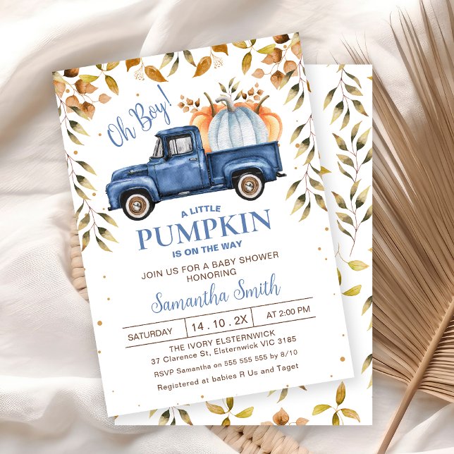Convites Chá de fraldas de Folhagem de Caminhão de Pumpkin  (Editable Blue Little Pumpkin Truck Baby Shower Invitation, Fall Baby Shower Invite Boy, Editable)