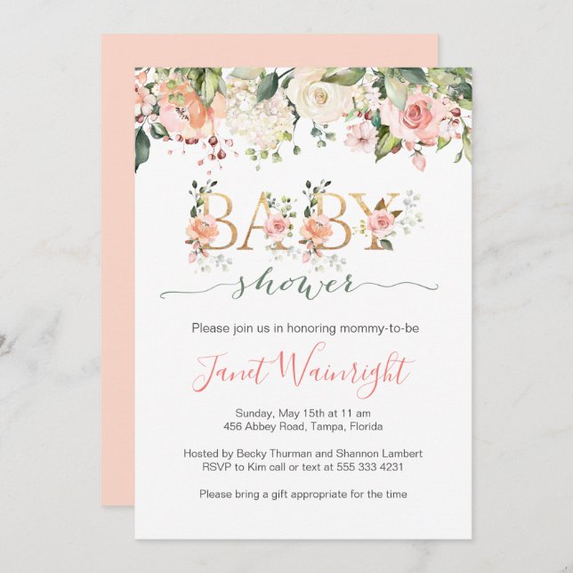 Convites Chá de fraldas de folhagem de cor aquosa (Frente/Verso)