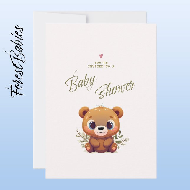 Convites Chá de fraldas de Folhagem Floral Rosa, Cute, com  (Teddy Bear 🐻 Cute Pink Floral Foliage Baby Shower Invitation - Front with Envelope)