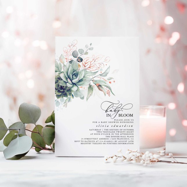 Convites Chá de fraldas de Folhas Douradas Cinza-Verde Sucu (Baby in Bloom Succulents Greenery Pink Gold and Sage Baby Shower Invitations)