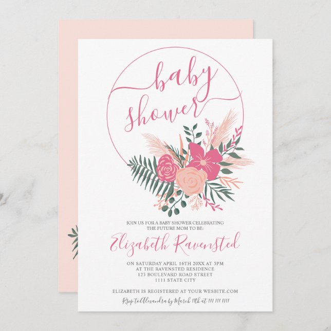 Convites Chá de fraldas de fonte verde-rosa moderno com buq (Frente/Verso)