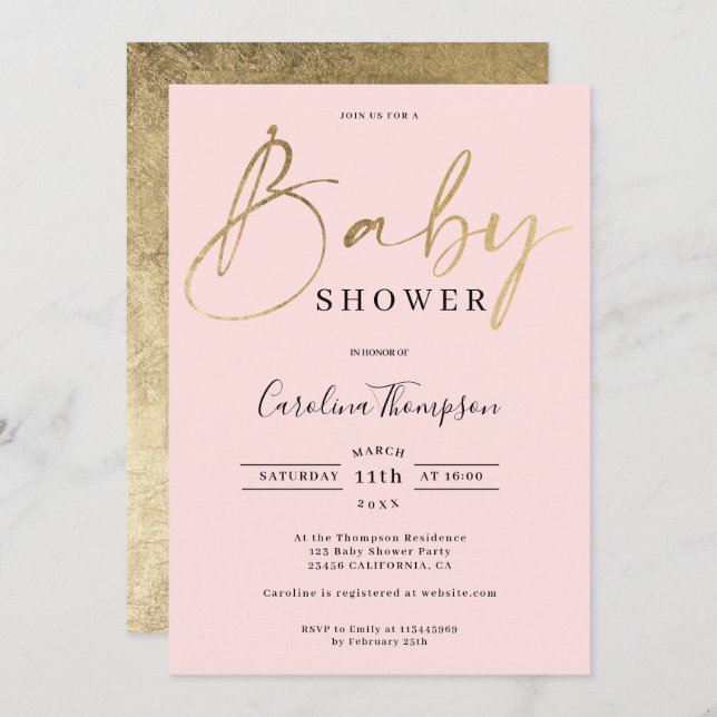 Convites Chá de fraldas de fontes com script de ouro rosa m (Frente/Verso)