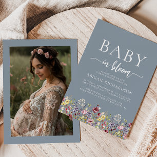 Convites Chá de fraldas de Foto Azul Dusty Boho Wildflower