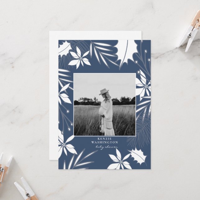 Convites Chá de fraldas de Foto Azul Teal B/W (Frente/Verso In Situ)