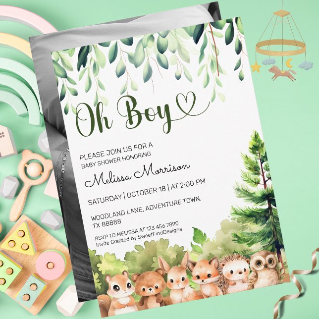 Convites Chá de fraldas de Foto do Boy Woodland (Oh Boy Woodland Photo Boy Baby Shower Invitation)