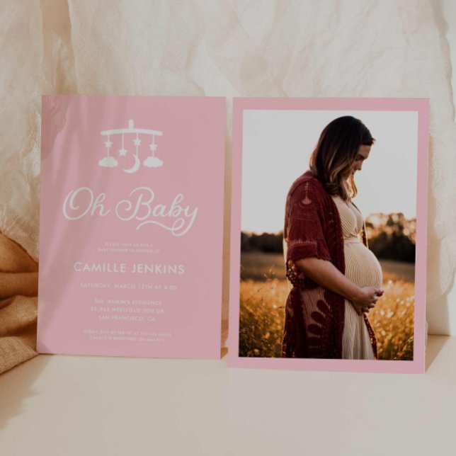 Convites Chá de fraldas de Foto Moderno Oh Baby Girl (Modern Oh Baby Girl Photo Baby Shower Invite)