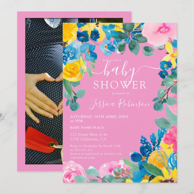 Convites Chá de fraldas de fotografia floral rosa russo (Frente/Verso)