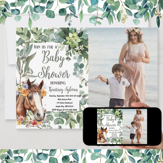 Convites Chá de fraldas de Fotografia Personalizada Floral  (Beautiful horse themed baby shower invitation, printed, via download or both.)