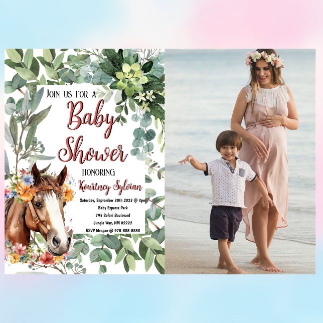 Convites Chá de fraldas de Fotografia Personalizada Floral  (Beautiful horse themed baby shower invitation with personalized photo!)
