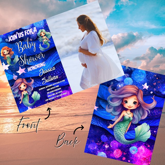 Convites Chá de fraldas de Fotografias no Mar Roxo Mermaid  (Mermaid Personalized Photo of Mom to be Under Water Baby Shower Invitations)