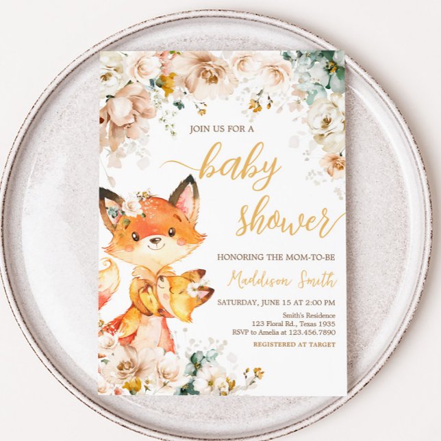 Convites Chá de fraldas de Fox Floral Woodland (Fox Baby Shower Invitation)