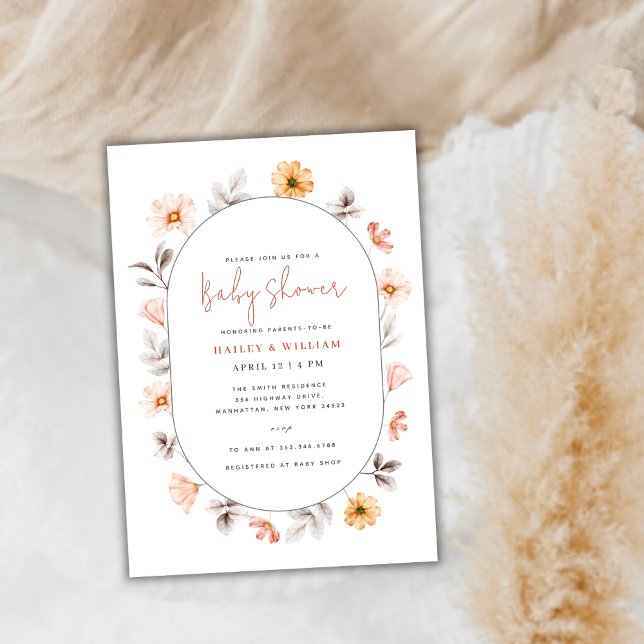 Convites Chá de fraldas de Frame de Flor Selvagem Minimalis (Minimalist Boho Wildflower Frame Baby Shower Invitation)