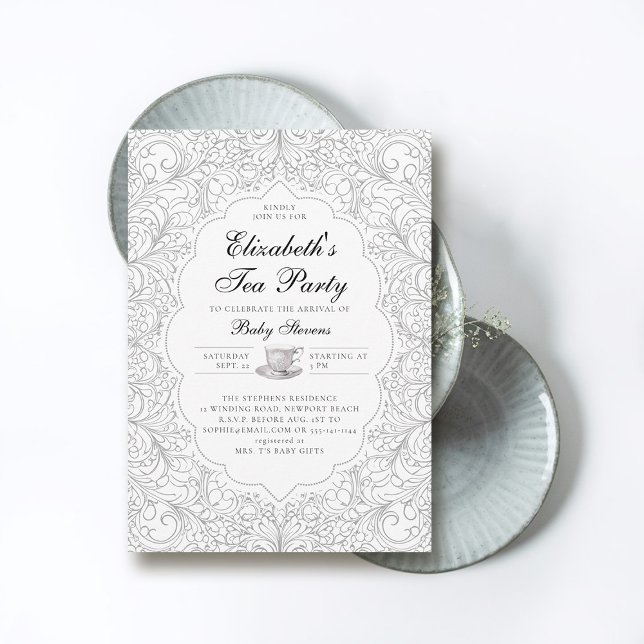 Convites Chá de fraldas de Frame de Lace BW Moderno do Tea  (baby tea party shower invitation elegant frame modern classic chic lace black white)
