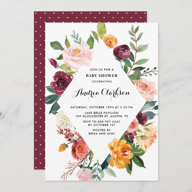 Convites Chá de fraldas de Frame Floral de Blooms de Autumn (Frente/Verso)