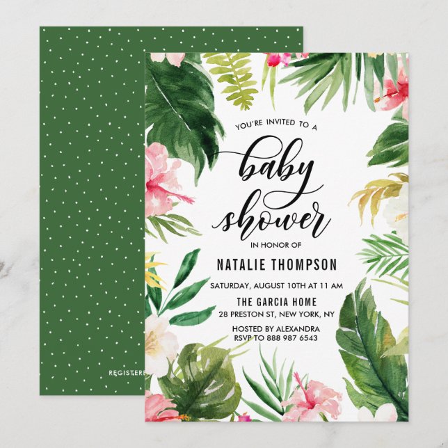 Convites Chá de fraldas de Frame Floral Tropical Watercolor (Frente/Verso)