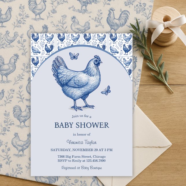 Convites Chá de fraldas de Frango Nacional do Toile Azul (Blue Toile Hen Baby Shower French Country Farmhouse Chic)