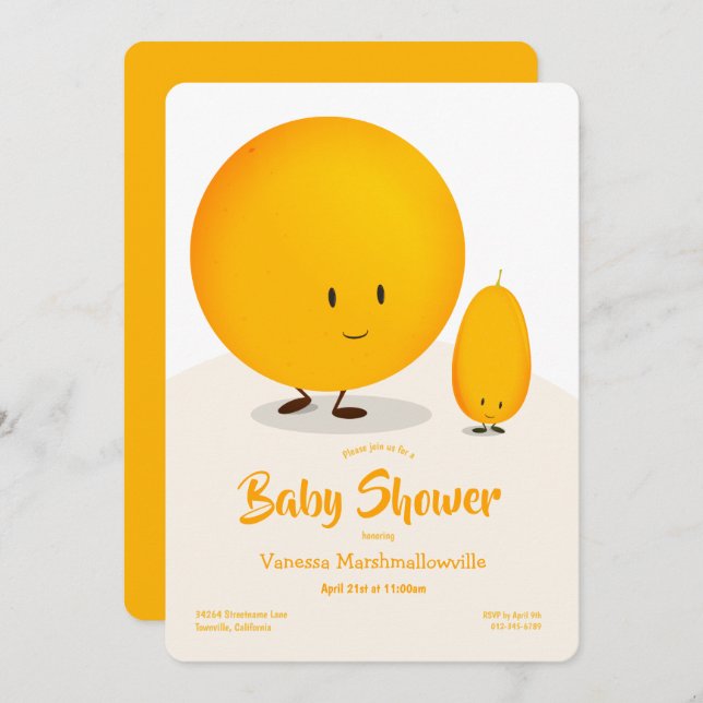 Convites Chá de fraldas de Fruta Kumquat Branco Laranja (Frente/Verso)