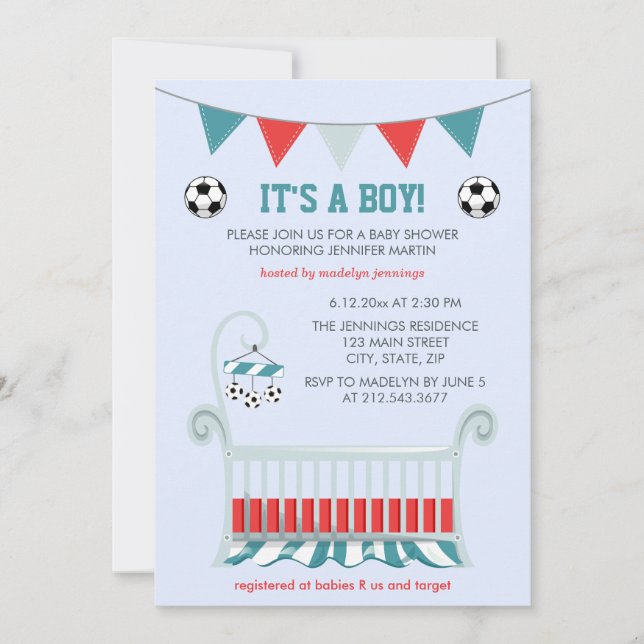 Convites Chá de fraldas De Futebol Blue Baby Boy (Frente)